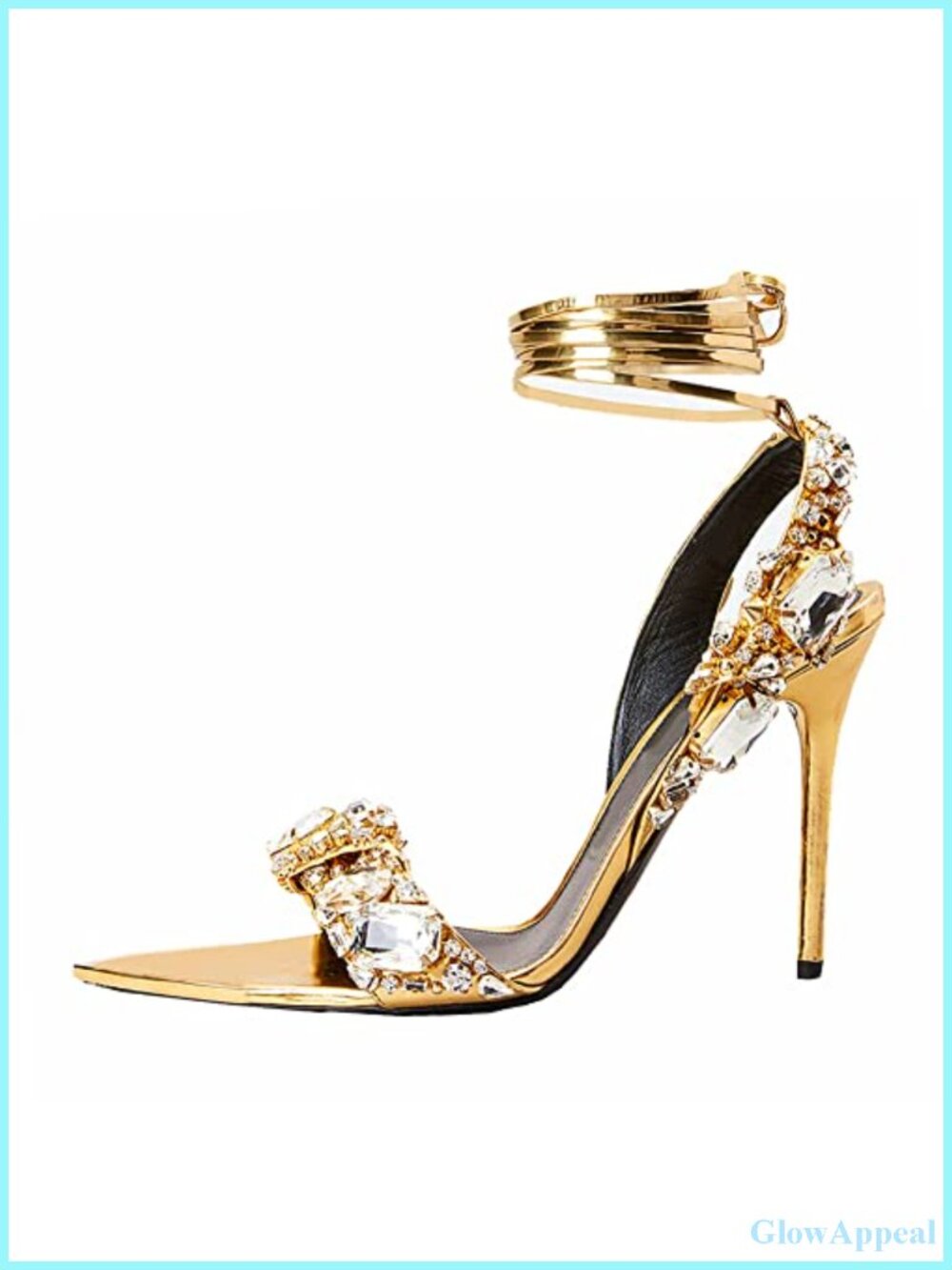 Rhinestone Strappy Heeled Sandals 4.33in Stiletto Faux Leather Party Heels